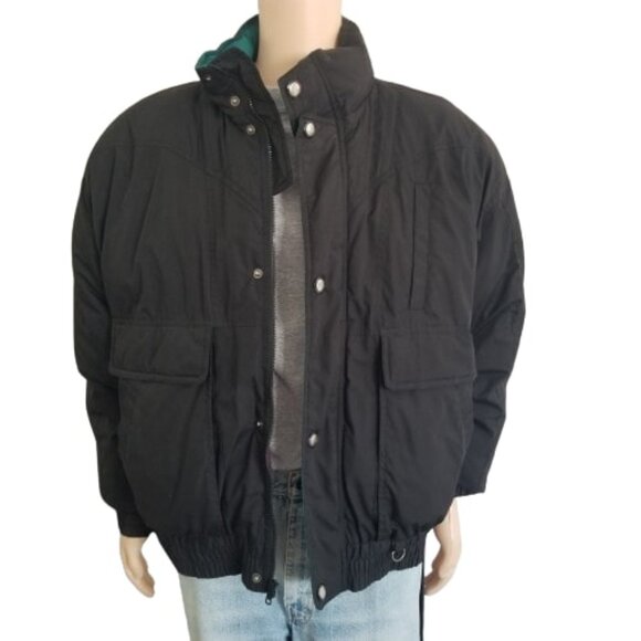 Outdoor Exchange Puffer Parka Jacket Down Black Hidden Rain Hood Mens Large - Picture 1 of 8